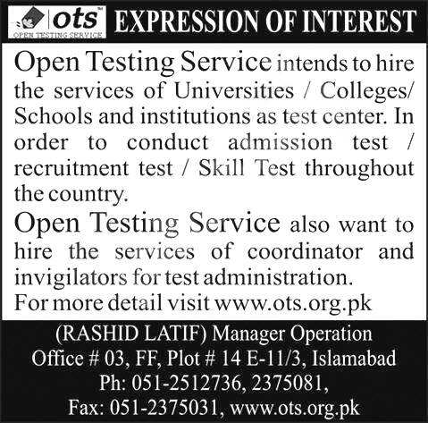 OTS Invigilator Jobs Advertisement