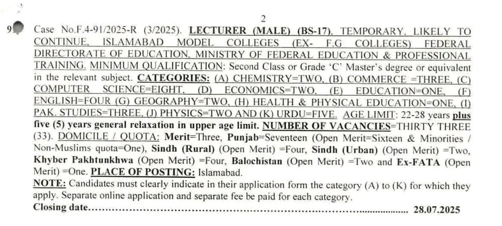 FPSC Jobs Advertisement
